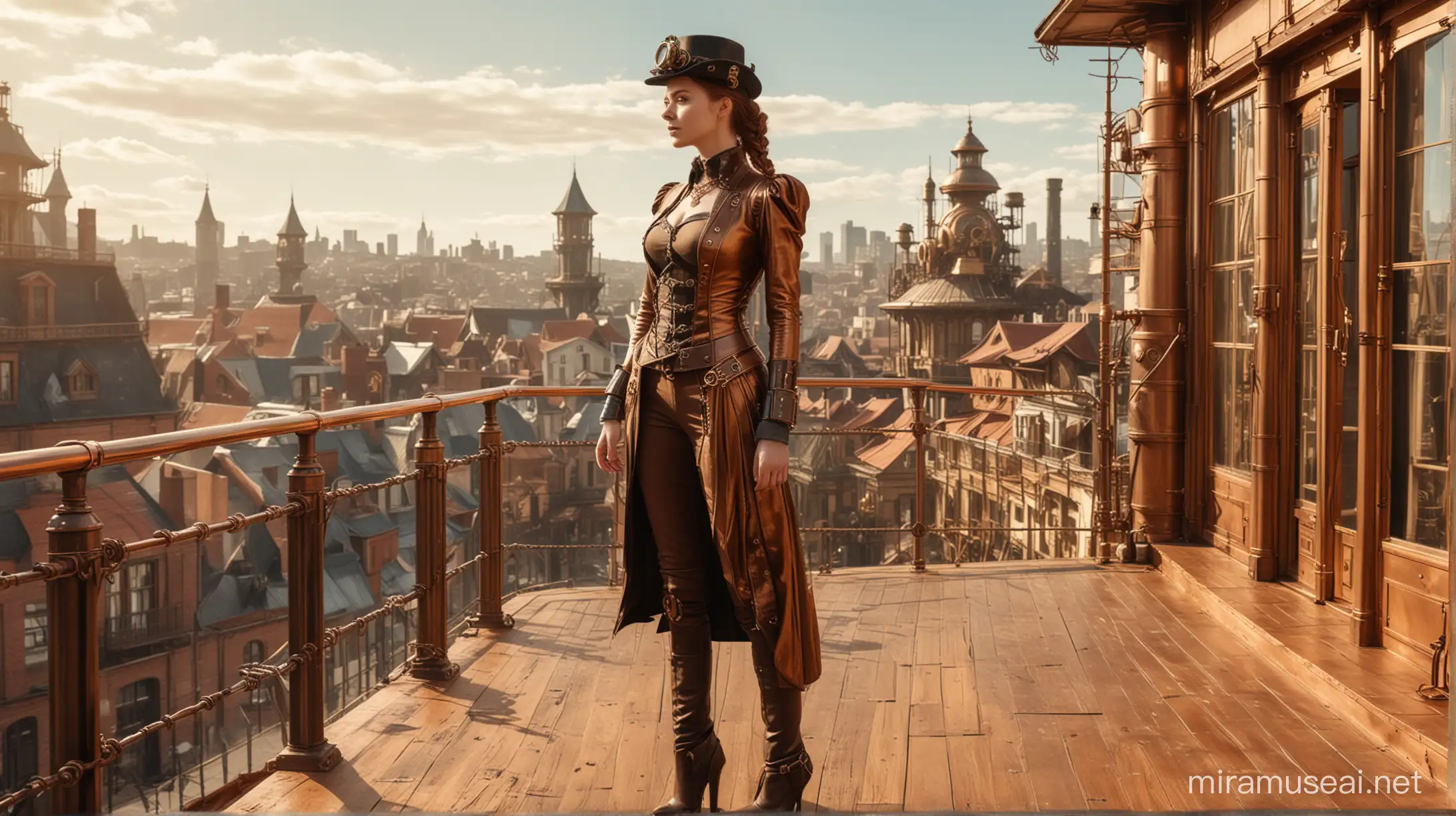 Steampunk Woman Overlooking Cityscape of Copper Brass Gold and Glass
