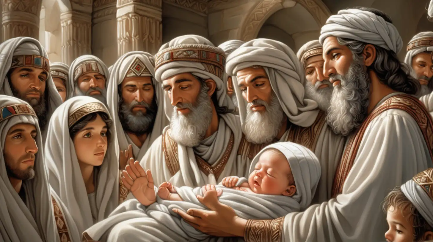 époque biblique, la cérémonie de la circoncision dans une synagogue antique, tous ont la tête couverte par un foulard, la maman porte le bébé sur un très beau coussin, très beaux visages, mains hyper détaillées