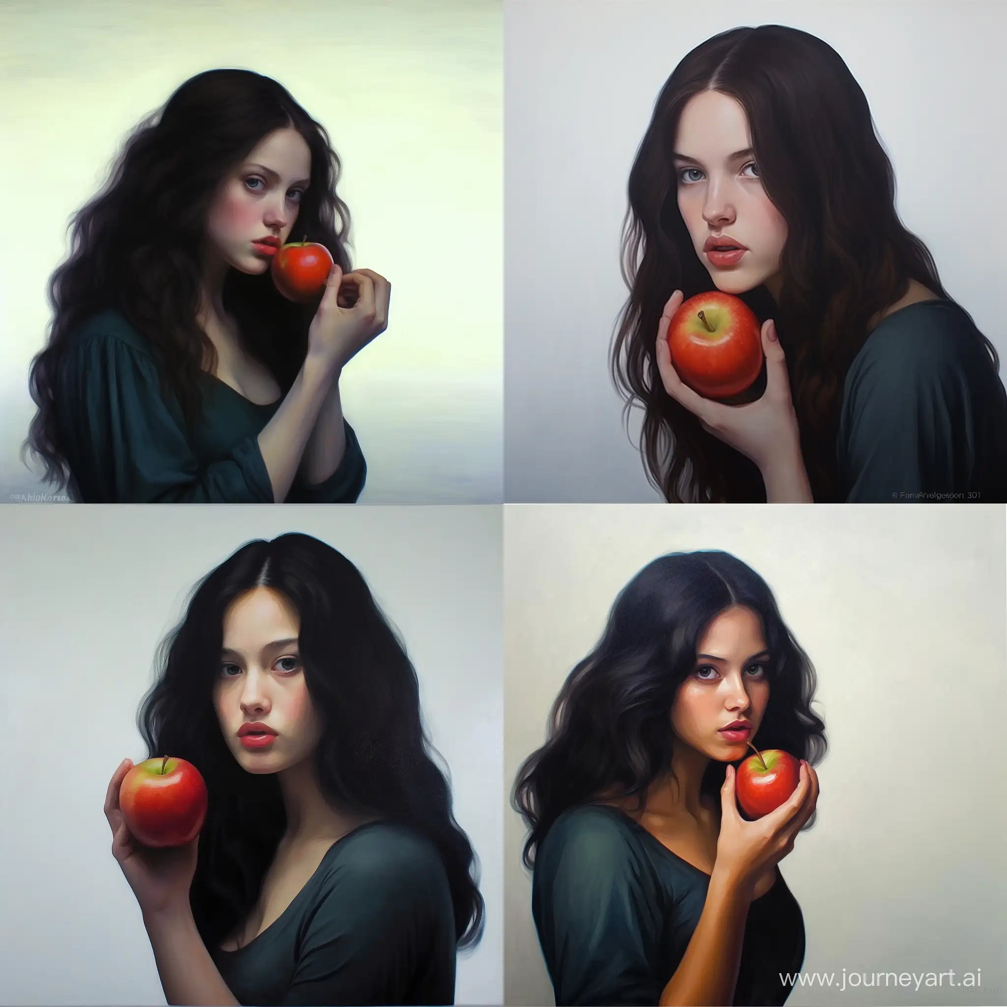 girl portrait eating apple in a very realistic style like van dike oil painting style