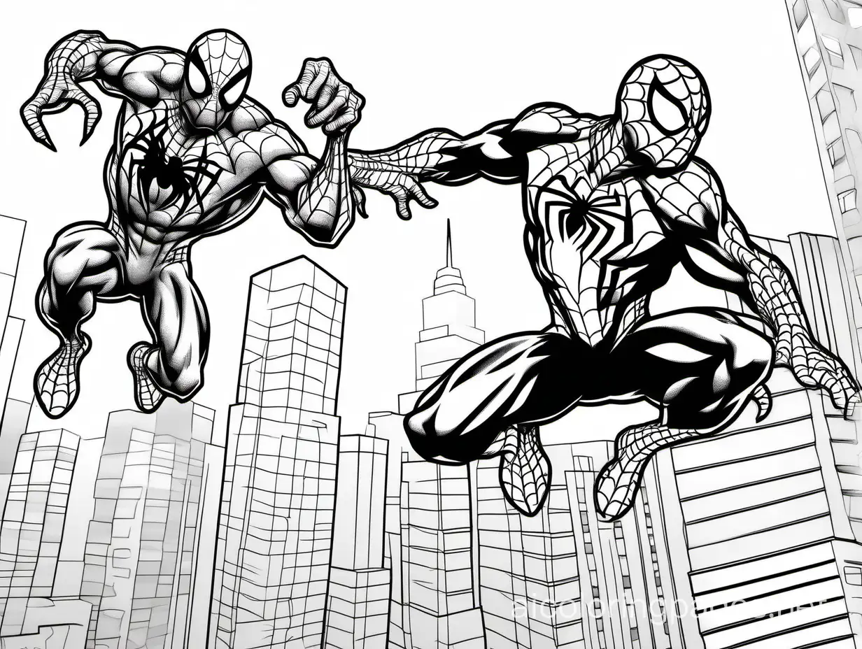 spiderman and venom, Coloring Page, black and white, line art, white background, Simplicity, Ample White Space. The background of the coloring page is plain white to make it easy for young children to color within the lines. The outlines of all the subjects are easy to distinguish, making it simple for kids to color without too much difficulty