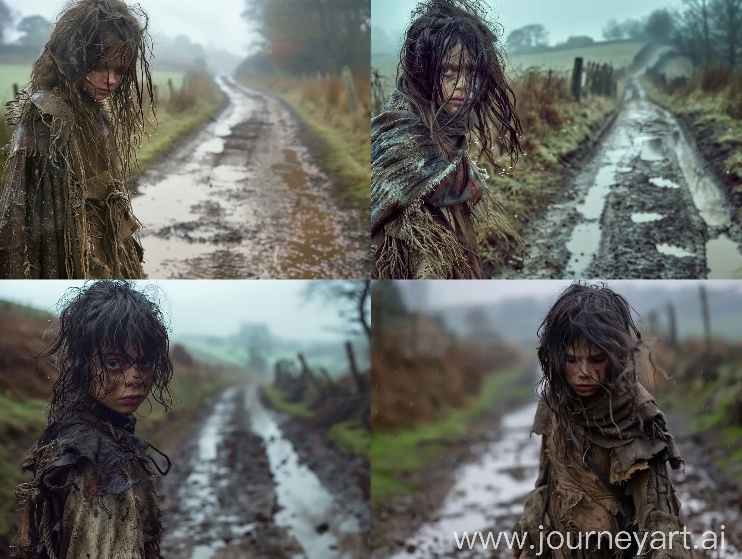 medieval horror film, movie still of young witch with matted hair wearing grimy tattered rags, walking down the muddy dirt road with puddles, medium close up. Bleak and grim november countryside landscape in background, Scotch mist, drizzle, chilly weather. Overcast lighting. Dutch angle, shot on Arri Alexa, 50mm lens. In style of Pre-Raphaelites.