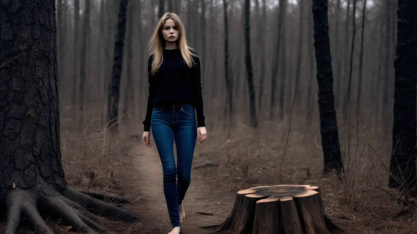 Restless Woman Walking Barefoot in Gloomy Forest