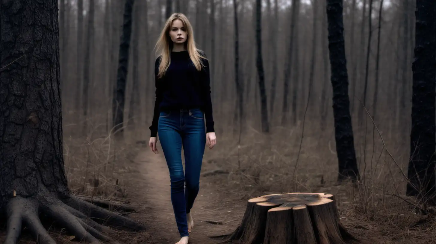 frau 30 läuft durch einen wald, sie trägt eine enge blaue jeans, sie trägt einen schwarzen langärmigen pullover, sie ist dunkelblond,  sie ist unruhig, der wald ist düster, sie läuft über einen baumstumpf, sie läuft barfuß