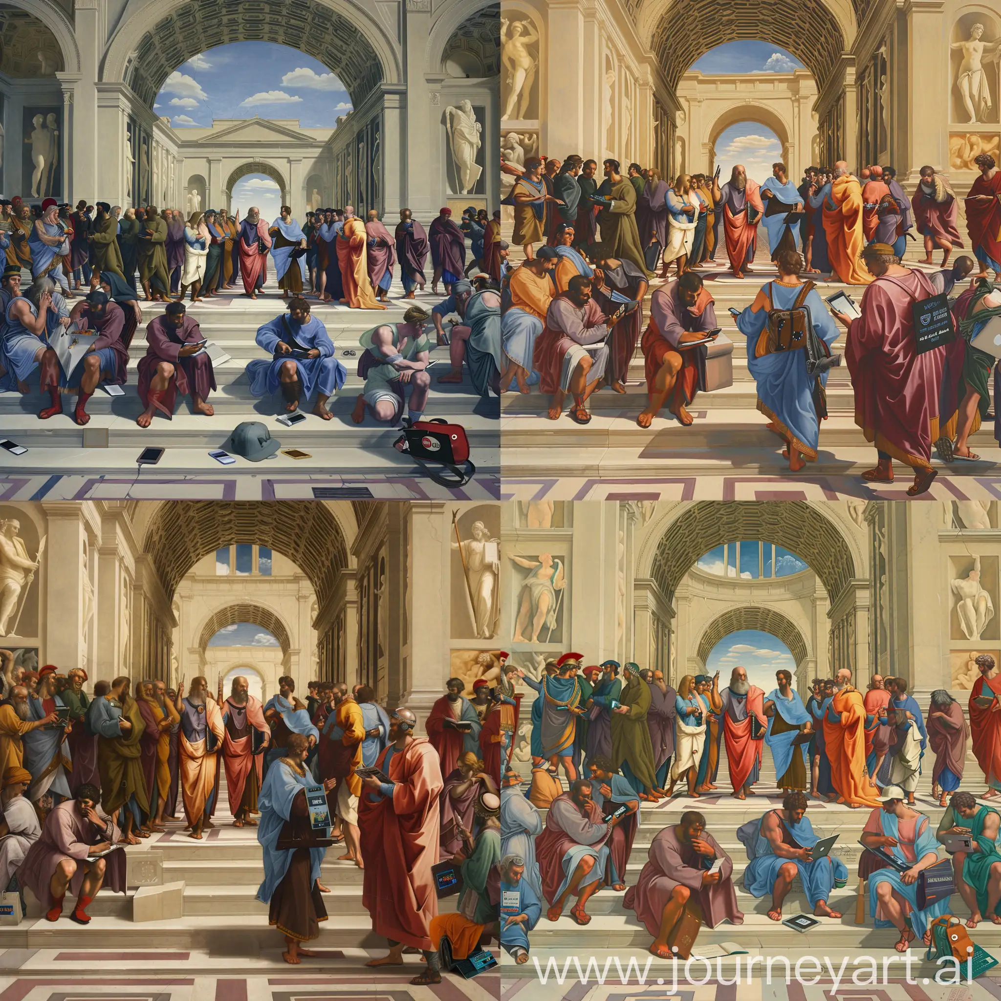 Imagine a reinterpretation of Raphael's 'The School of Athens,' where the classical philosophers are replaced with modern programmers. The setting retains its grand architecture and spatial dynamics, with the iconic arches and steps, but the figures, while dressed in the traditional robes of ancient Greece and Rome, are engaging with modern technology. In the midst of this historic assembly, some figures are seen holding smartphones, while others have laptops with Linux stickers visible. Backpacks rest against the ancient steps, and a few individuals wear baseball caps along with their robes, adding a contemporary twist to their ancient attire.