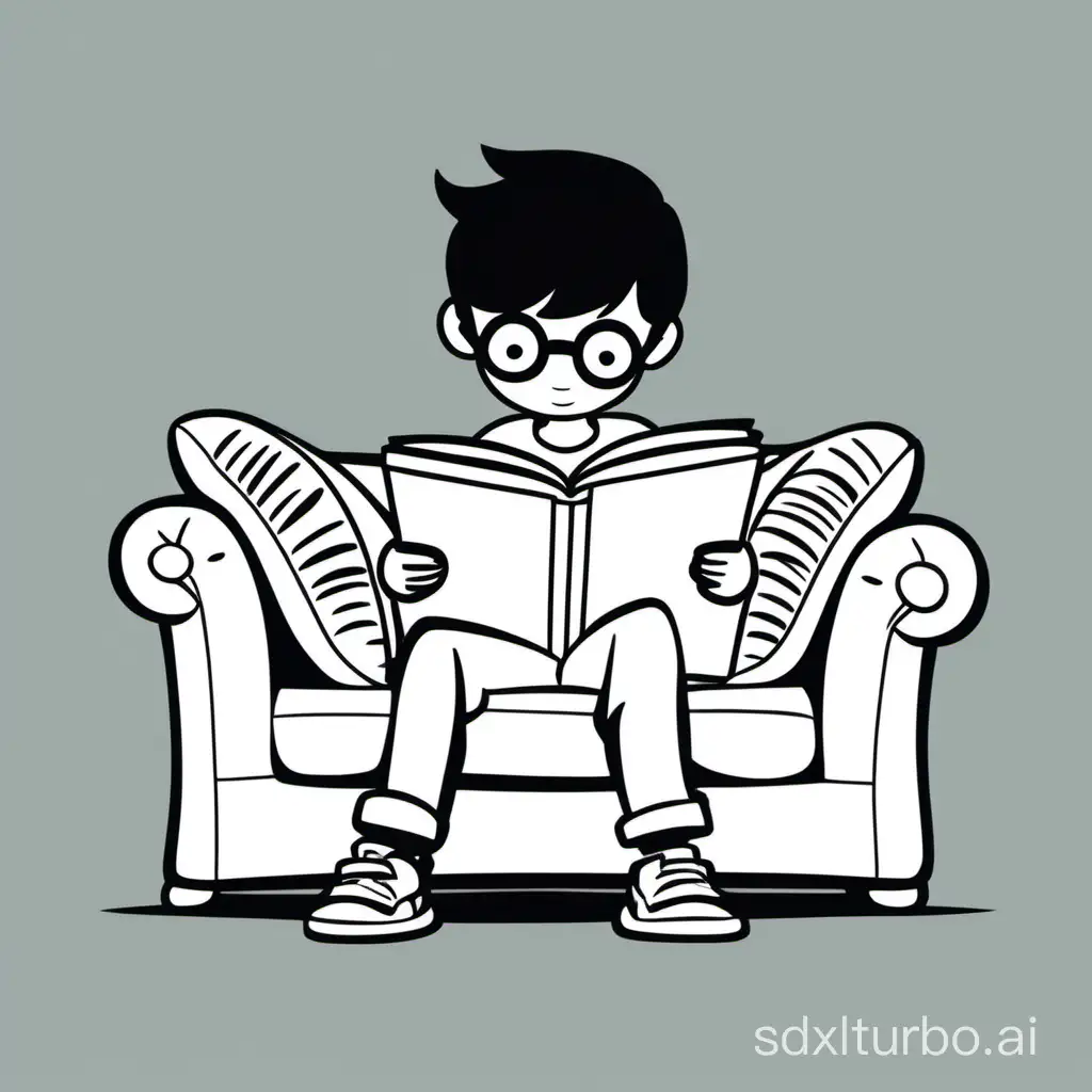 cartoon boy reading book on couch, no background, simple, monochrome