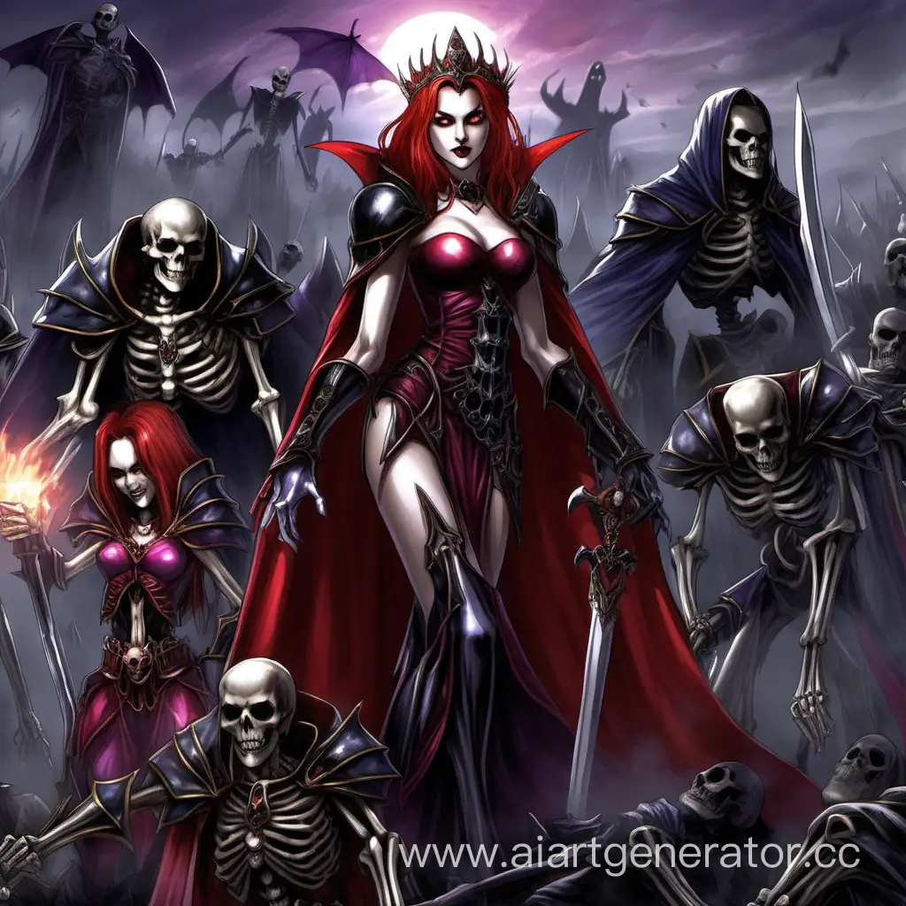 Lena from Everlasting Summer, dressed as vampire princess, handsome, frown stare on you, skeleton warriors and vampires around, heroes of might and magic 5 style