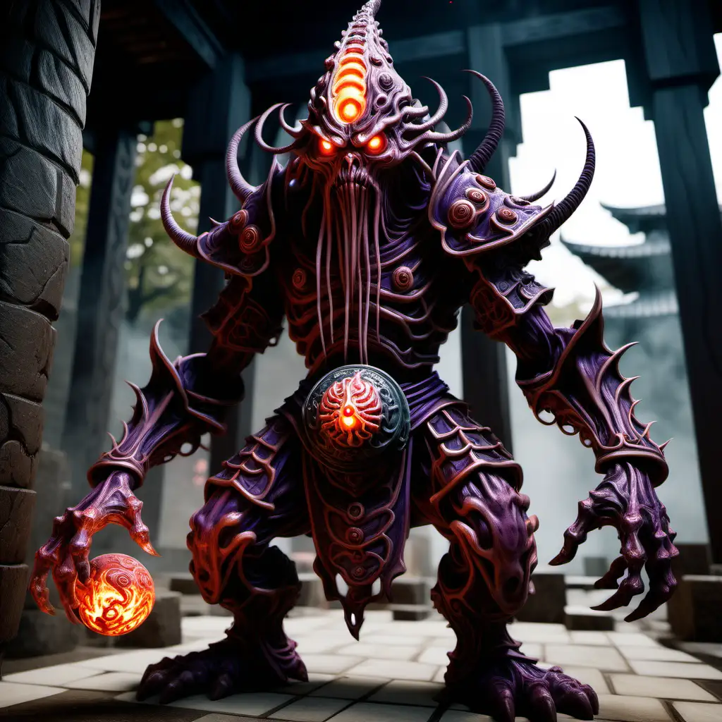 intricate dynamic, illithid fire golem with a samurai helmet cathedral hanya unreal engine video game style Scifi themed samurai beholder with no arms or legs from dungeons and dragons with a japanese traditional inspired art style samurai eyeballs in a desolate magical dungeon with corpes everywhere

in a japanese themed temple
