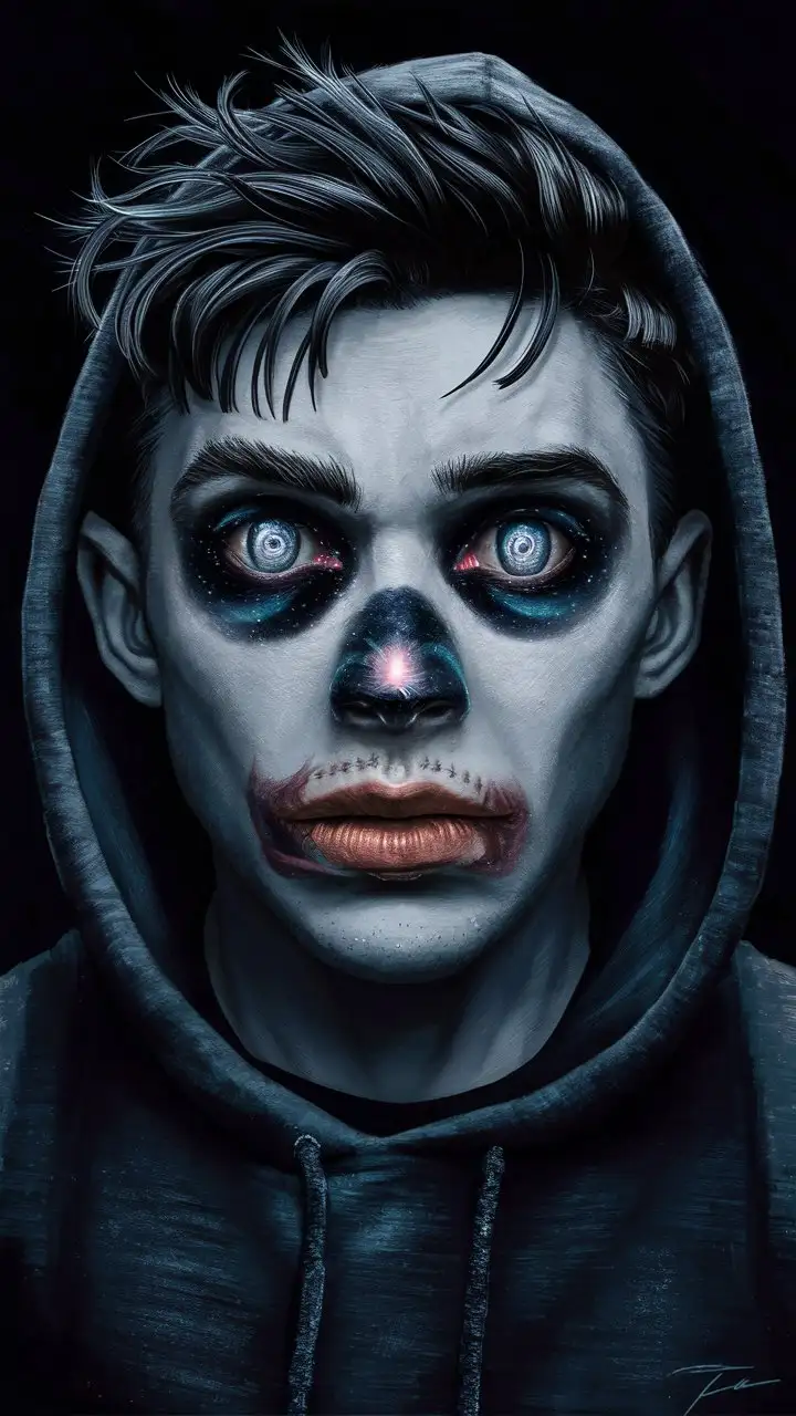 Depict a portrait of a young man with an enigmatic and intense gaze. The focus is on his strikingly blue eyes, which are wide open and seem to hold a universe within, with a small reflection of a spiral galaxy visible in the pupils. His skin is pale and smoothly rendered, and his dark hair is tousled. A hint of a hoodie frames the bottom of the image. Centered on his nose and mouth is the bold, contrasting sharply with the dark tones of his clothing and the lightness of his features.