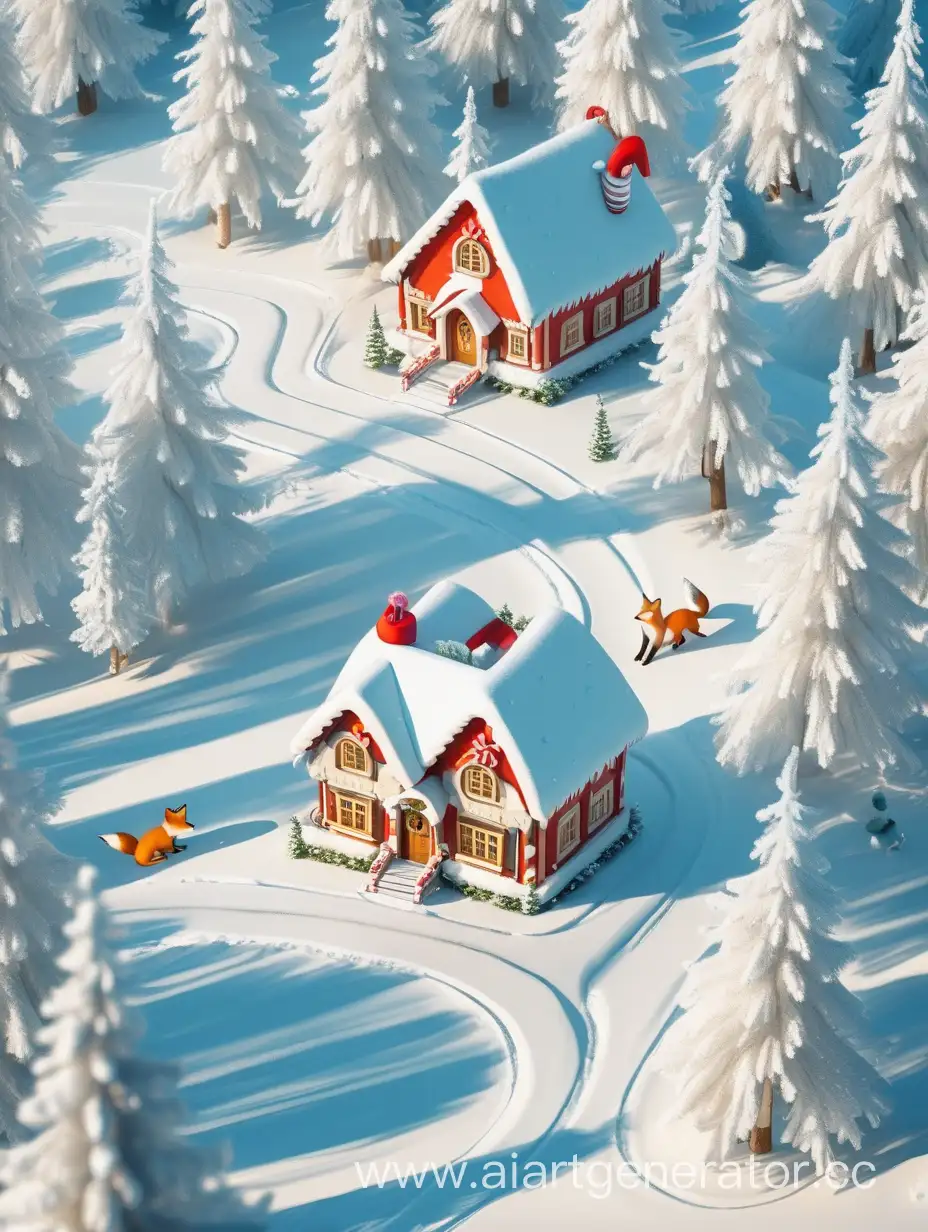 sunny day. winter forest. beautiful Santa's house. the long curvy road.  foxes, owls in the forest. top view