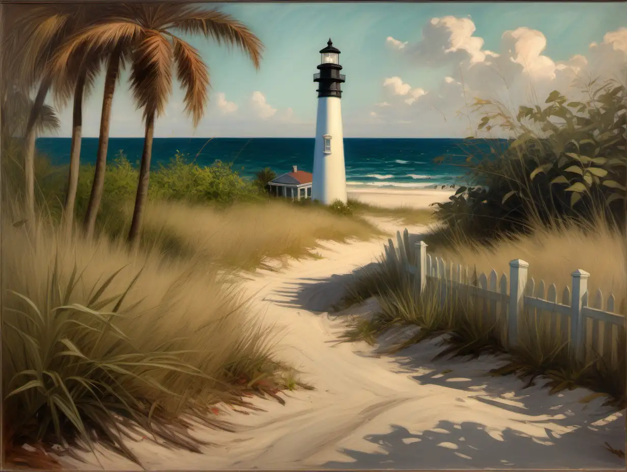 old florida landscape with detail in grasses and leaves in style of manet with ocean and beach in distance, winding sandy road, a small lighthouse on homestead property late afternoon lighting