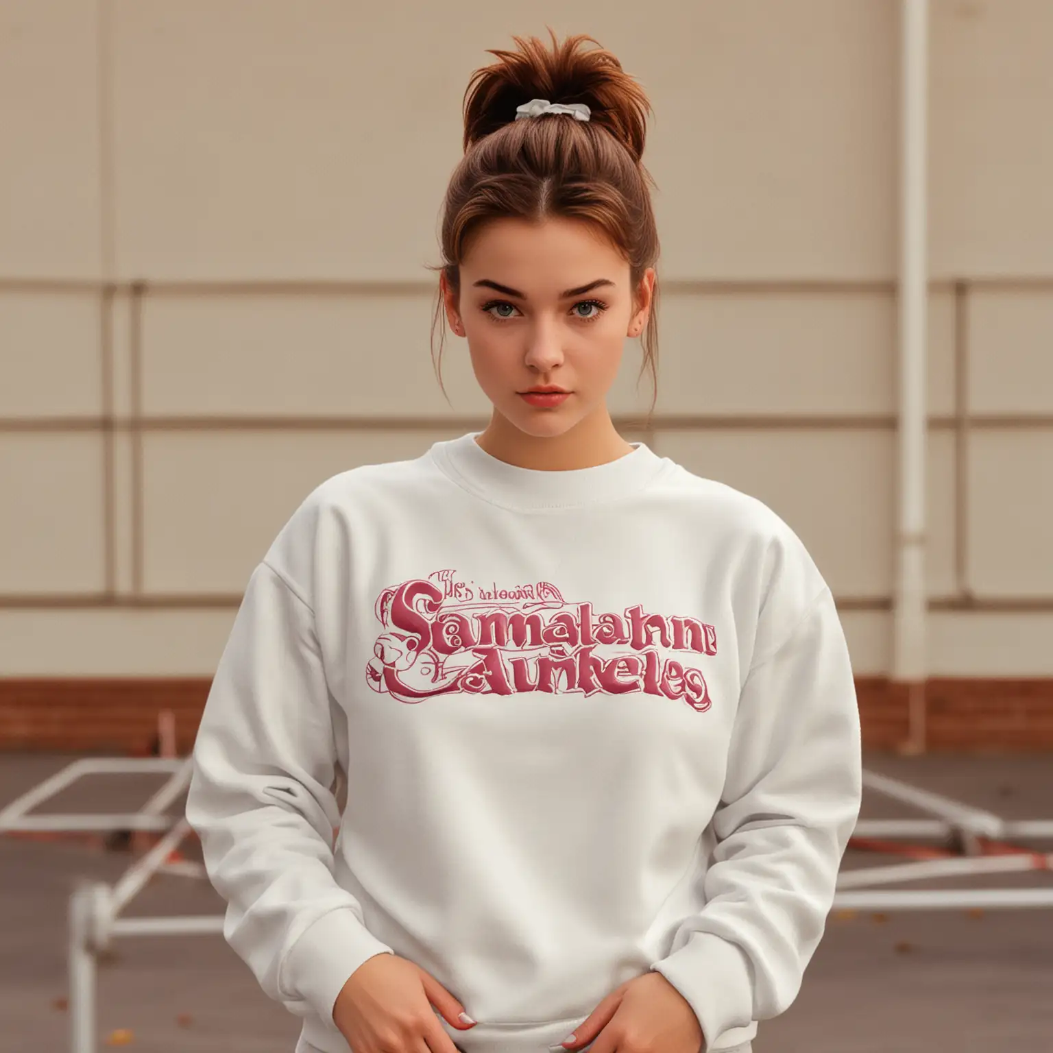 a mockup for a white sweatshirt.  the model should be female and resemble samantha baker from sixteen candles.  the background of the photo should look like a high school