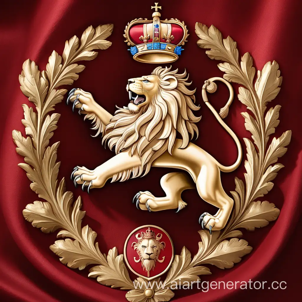 Герб красного цвета, на котором изображен золотой лев с закрытым правым глазом и шрамом