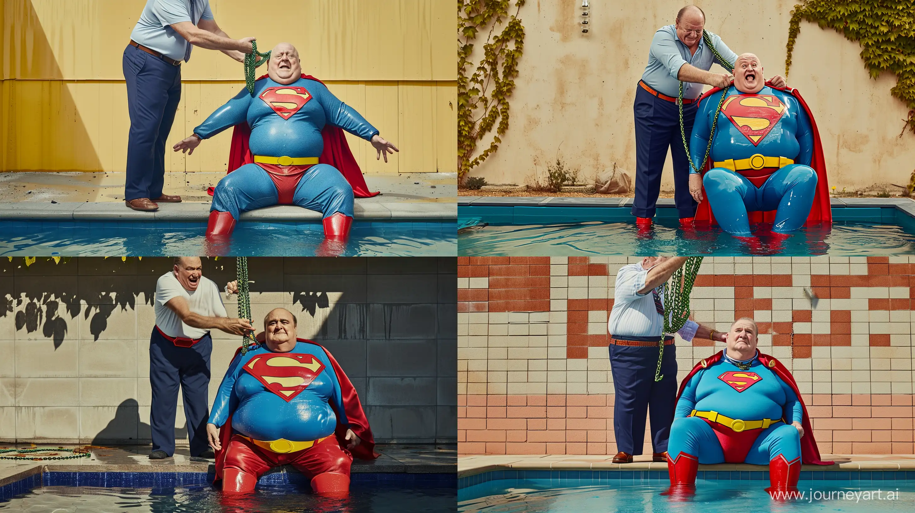 Photo of two characters together. The first man is an afraid chubby man aged 70 on the right dressed in a clean slightly shiny blue superman costume with a big red cape, red boots,  blue shirt, blue pants, yellow belt and red trunks sitting in a shallow pool. The second man is a happy chubby man wearing navy pants and a white shirt standing above him and tightening a heavy shiny green chain necklace around the neck of the man on the right. Outside. --style raw --ar 16:9 --v 6