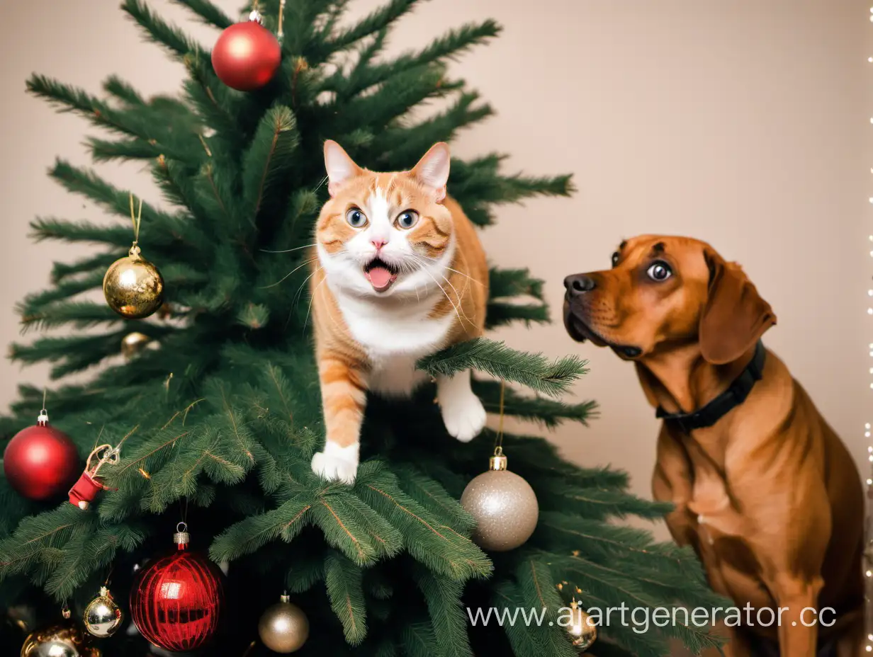 Curious-Dog-Surprised-as-Cat-Climbs-Christmas-Tree