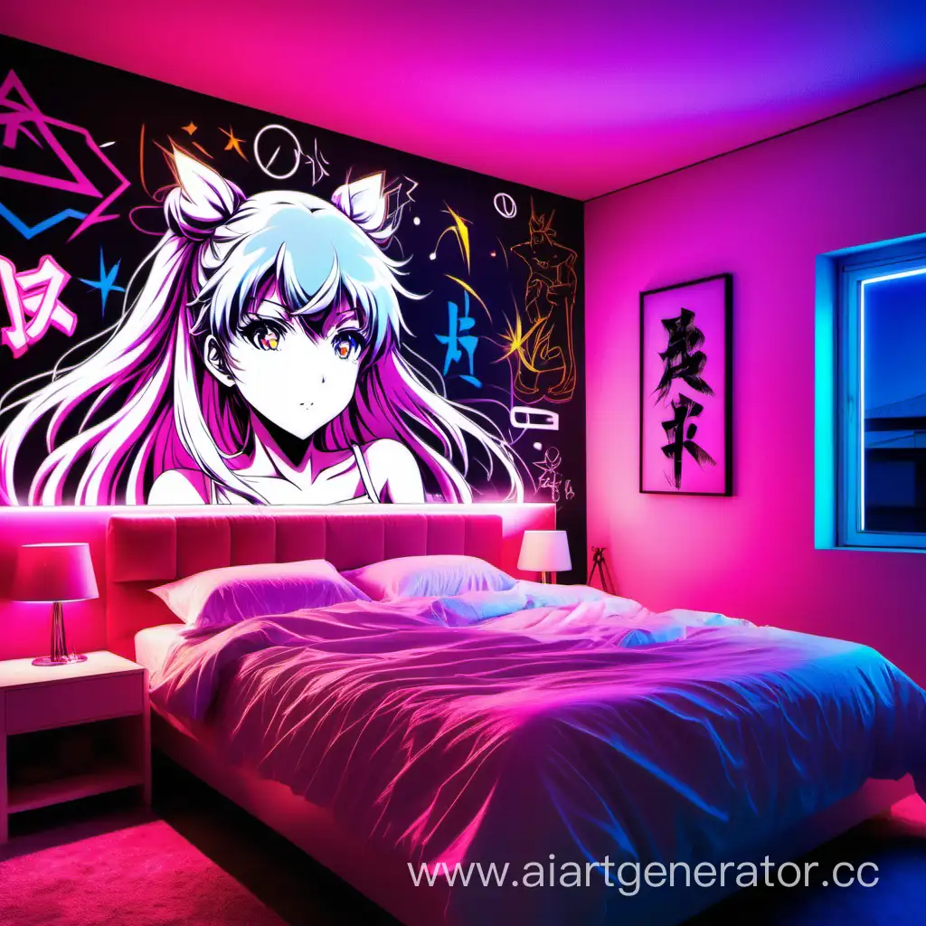 draw a neon-coloured bedroom with anime on the wall.
