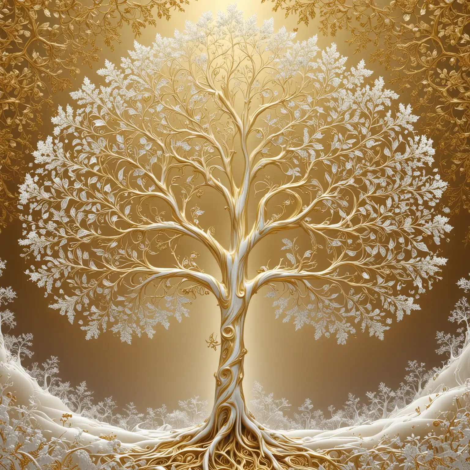 Golden Fractal Tree Art Stunning Lyopanov Style in Gold and White