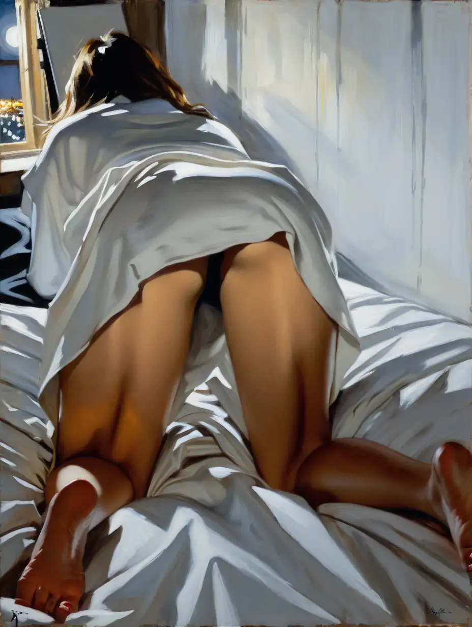 (naked:1.2) woman , cooper hair , knees on four on the bed , painting by (Fabian Perez:1.3) , light leaks , night scene , painting style expressionism , jagged lines
