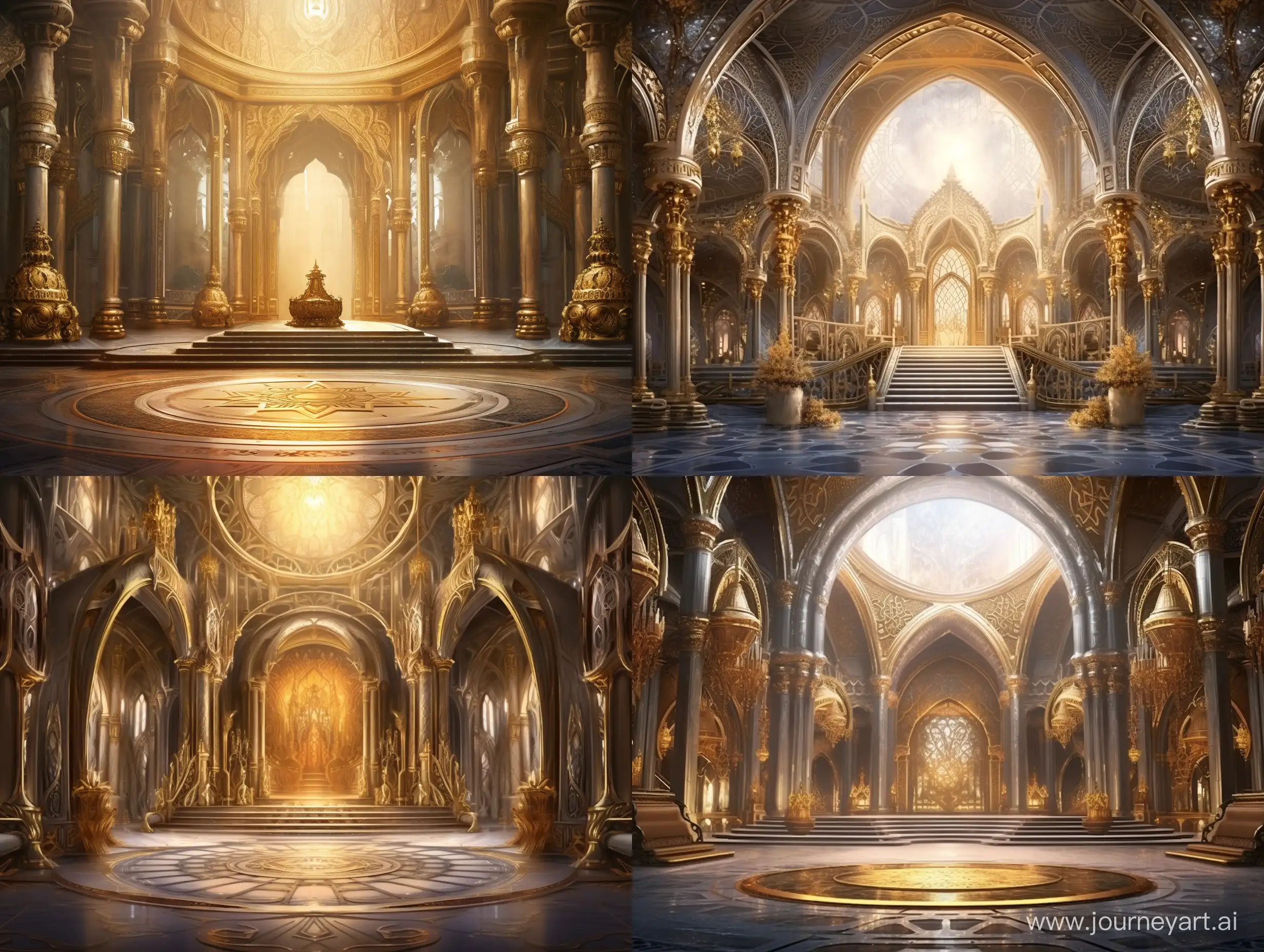 Illustration like fairytale of  a big golden hall without windows,  in Arabian palace, three ancient boxes in the center of the hall: the first is made from steel, the second is made from silver, the third is from gold. Gorgeous atmosphere 