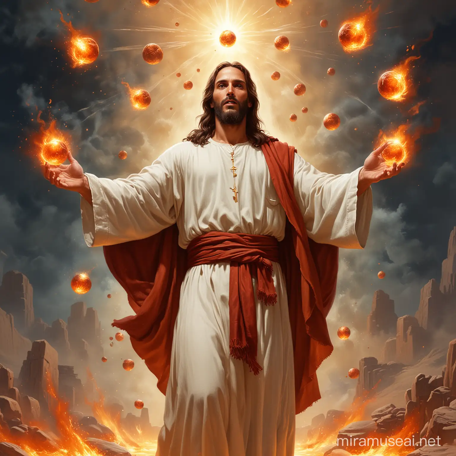 Fiery Jesus with seven fireballs object floating behind Him.