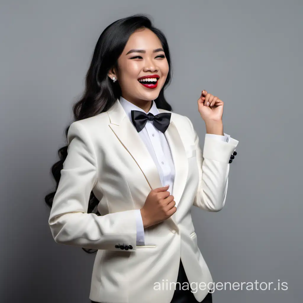 cute and sophisticated and confident malaysian woman with long hair and  lipstick wearing an ivory tuxedo with a white shirt with cufflinks and a black bow tie, crossing her arms, laughing and smiling
