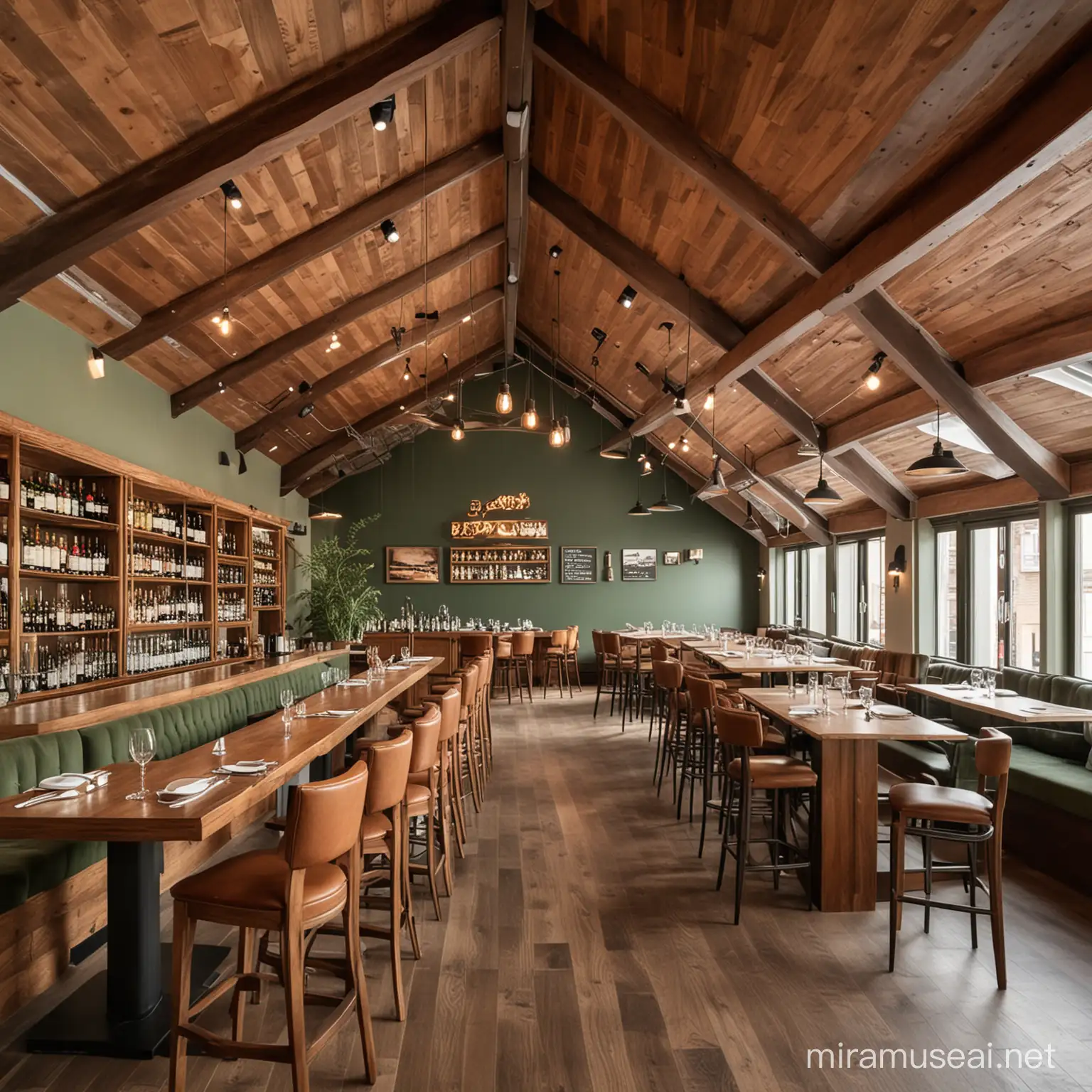 Çatı katında, tavanının ahşap olduğu, içerisindeki mobilyaların haki yeşil ve kahverengi tonlarında olduğu, içerisinde geniş bir bar olan, restoran tasarla