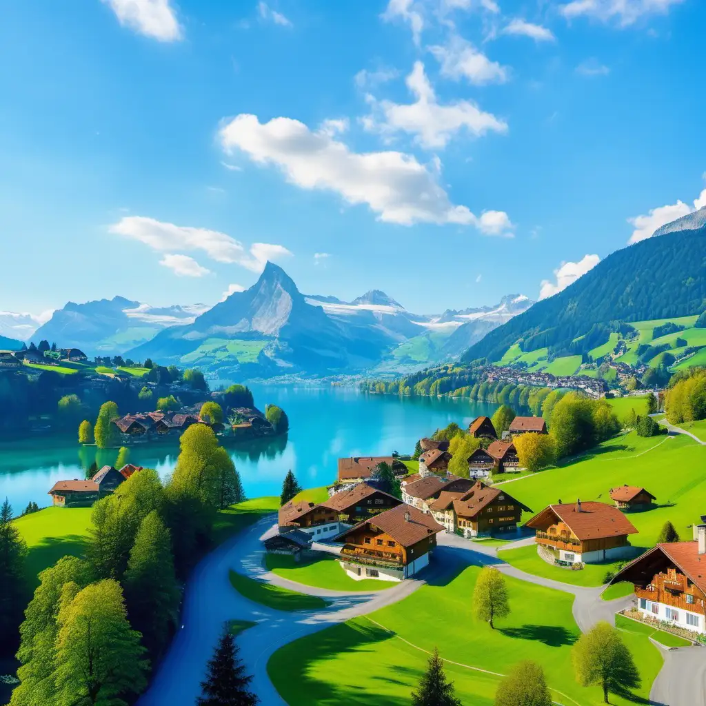 瑞士自然风光，两边有绿色的树木，和漂亮的房子，中间有蓝色的湖