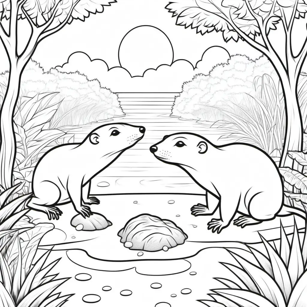 Coloring page for kids, A male and female Mole close to a tree in Garden of Eden close to a water body, clean line art