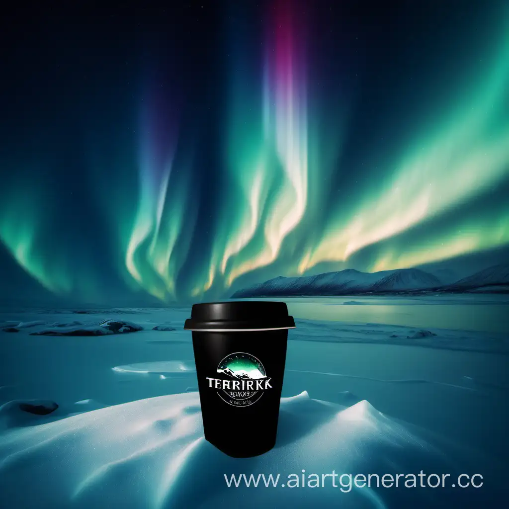 Териберка вид на море ветер зима снег искры северное сияние на чёрной чашке логотип териберка