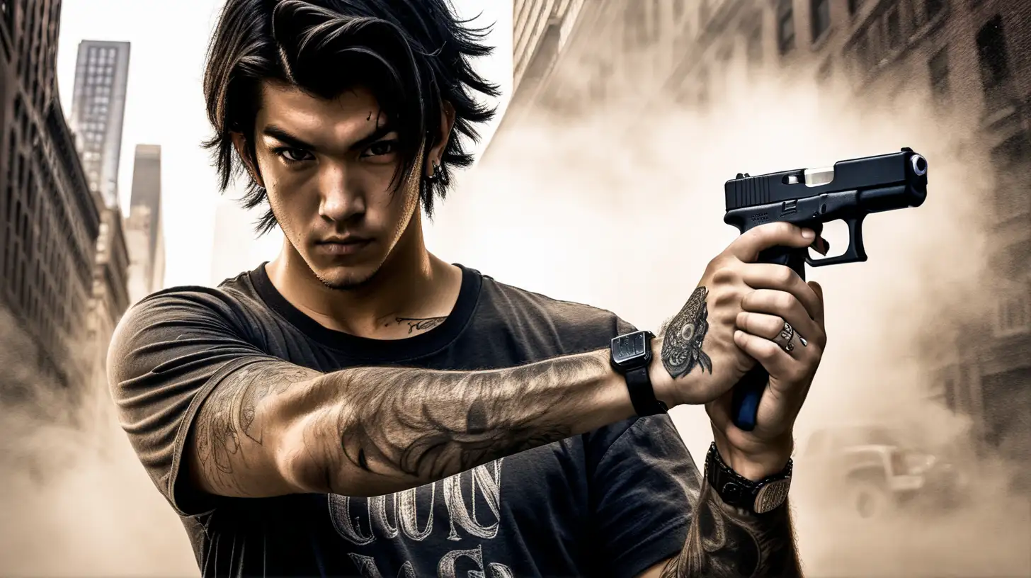 Young Man with Tattoos Brandishing Glock Pistol in Manhattan Hyper Realistic Manga Scene