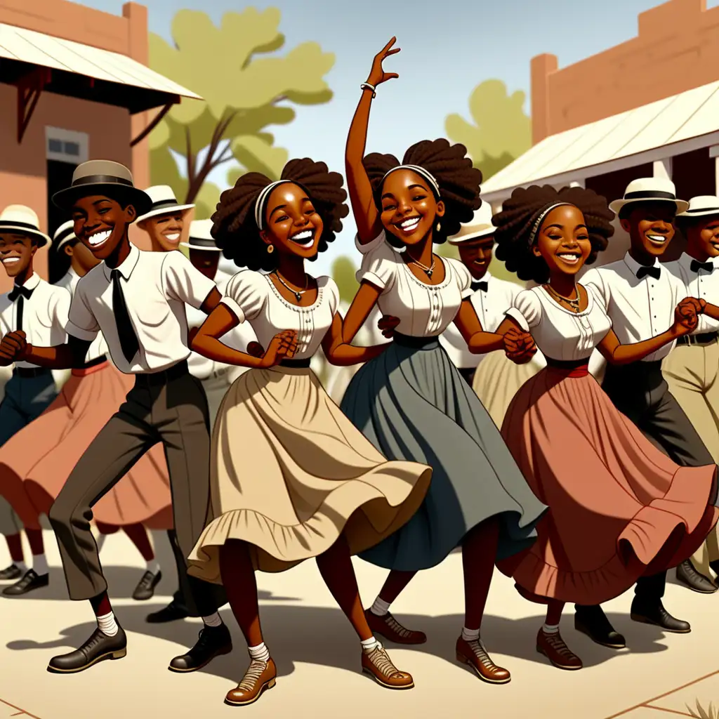 1900s cartoon style African American teens performing a dance and smiling at Juneteenth in New Mexico