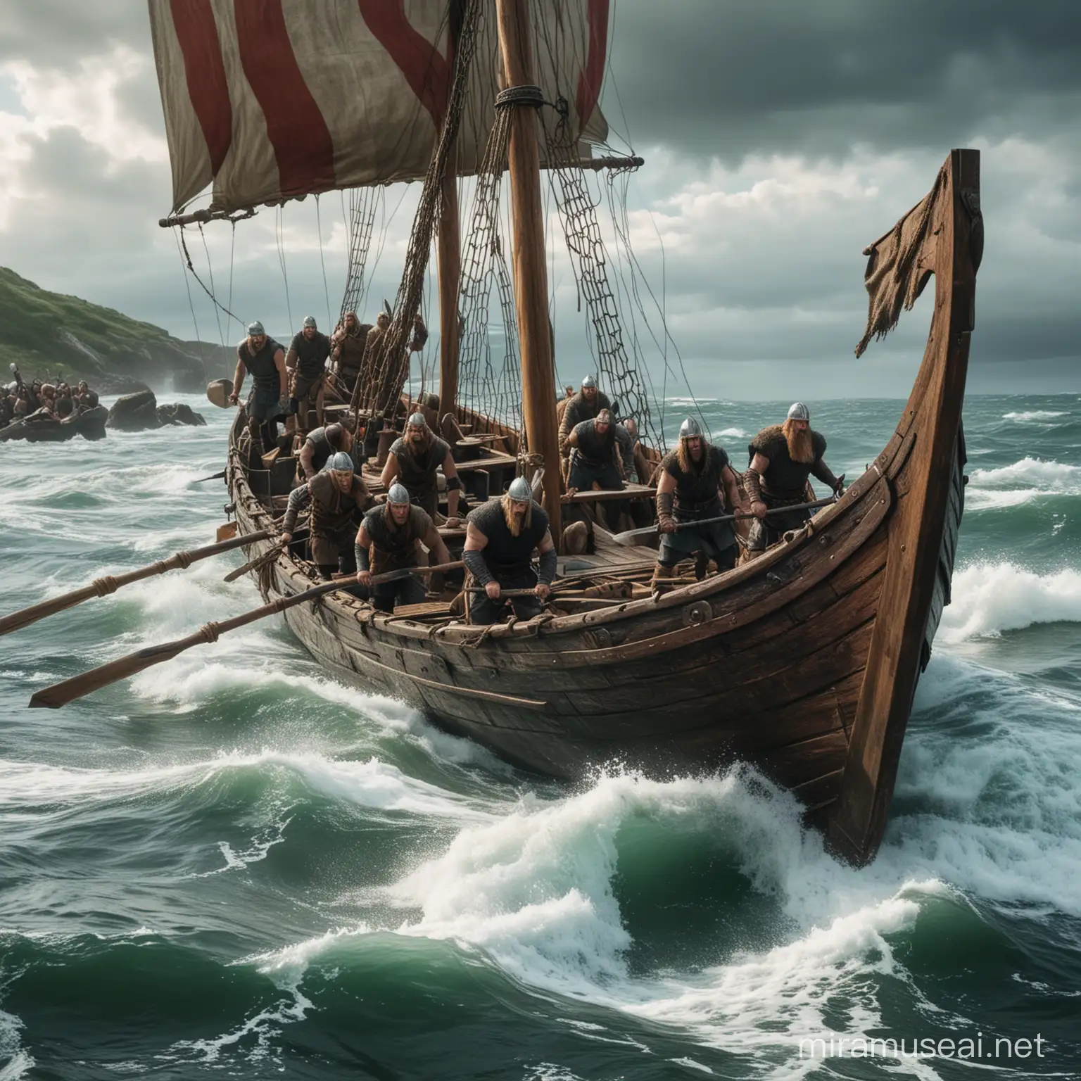 Vikings Engaging in Naval Battle with Enemy Longship