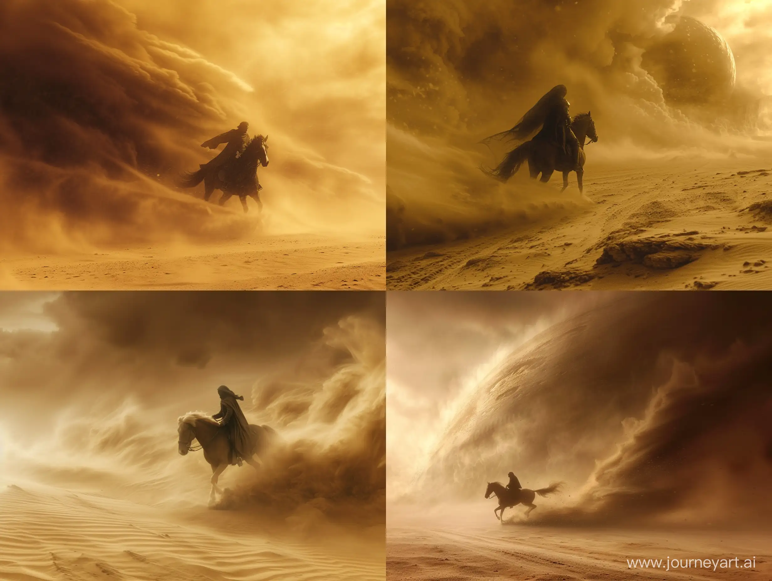 A man riding an Arabian horse disappears in a sandstorm on a desert-like planet at
 a cinematic masterpiece, high-contrast photography, digital manipulation, contemporary era.