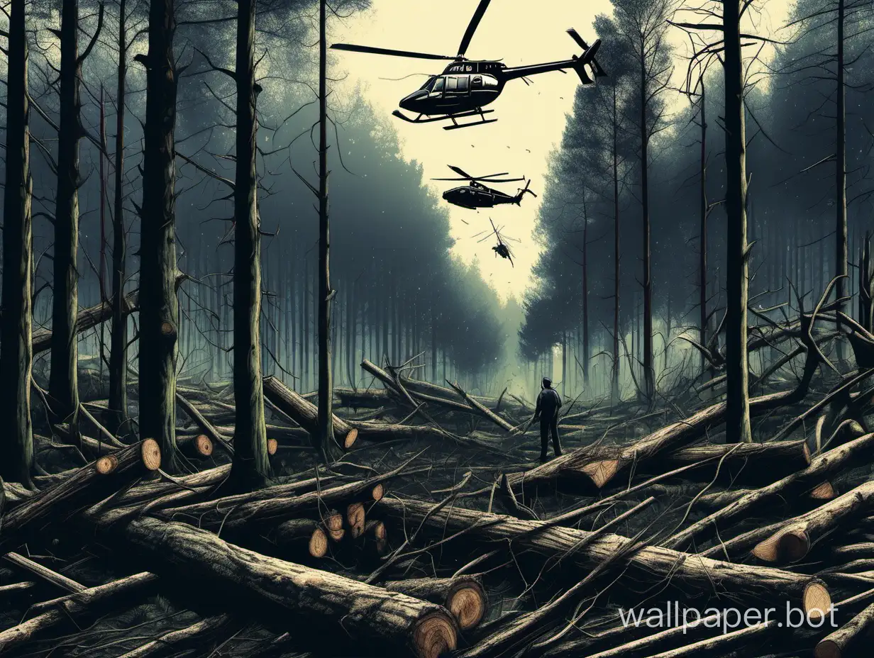 Dark forest, fallen trees lie on the side. There is a forester standing. Helicopters are flying in the sky.