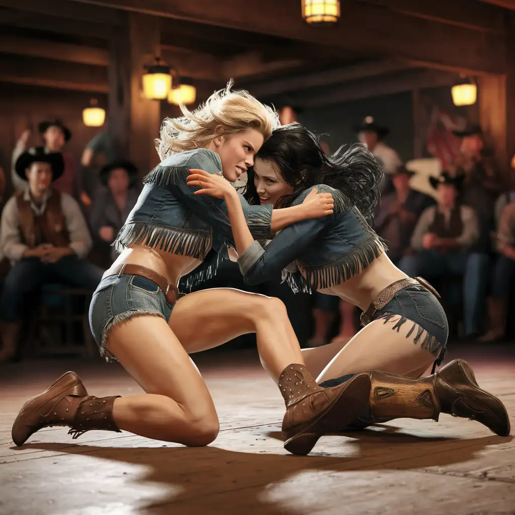 slim Cowgirls wrestle on the floor in a saloon wearing jeans blonde vs black hair