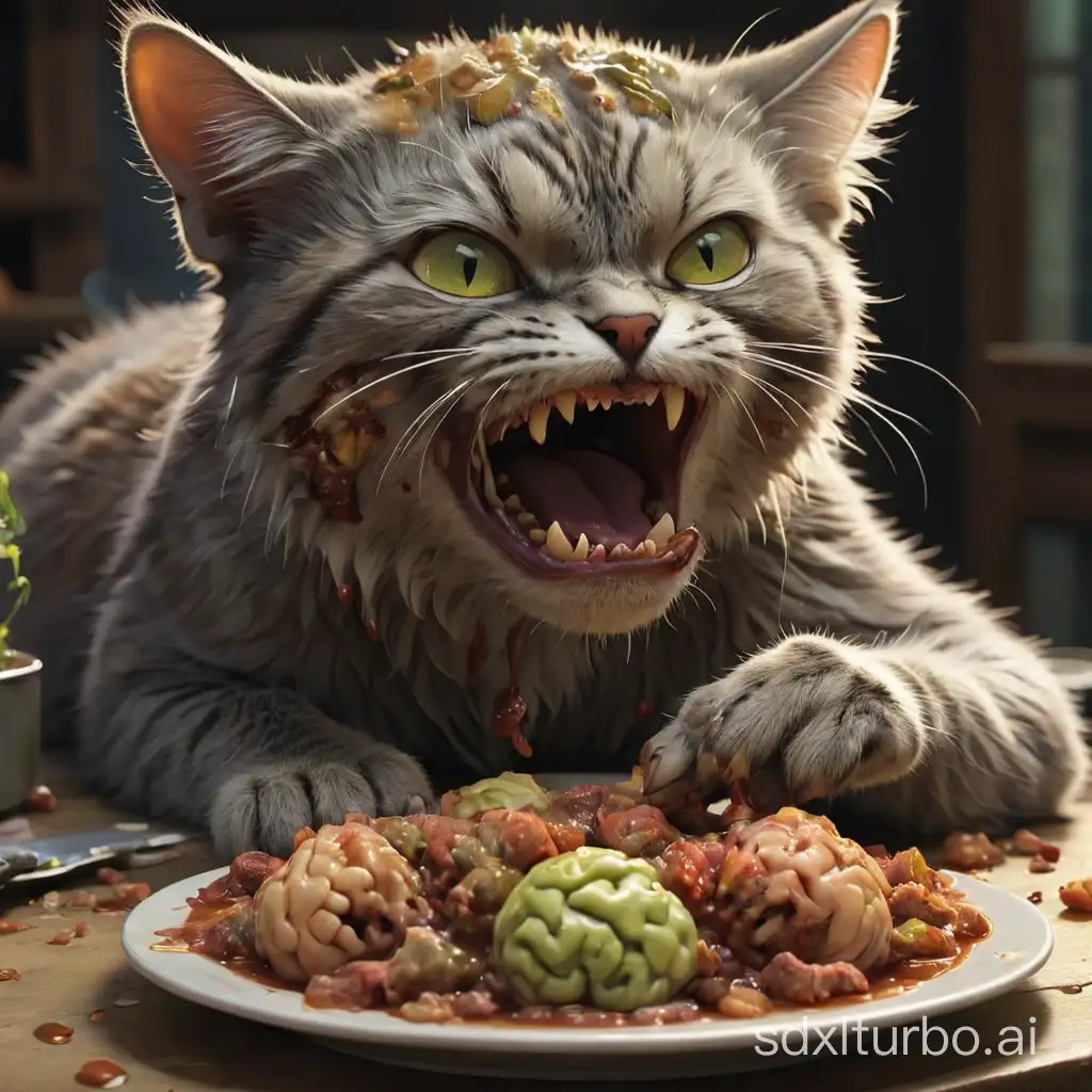 Cat eating zombie brains