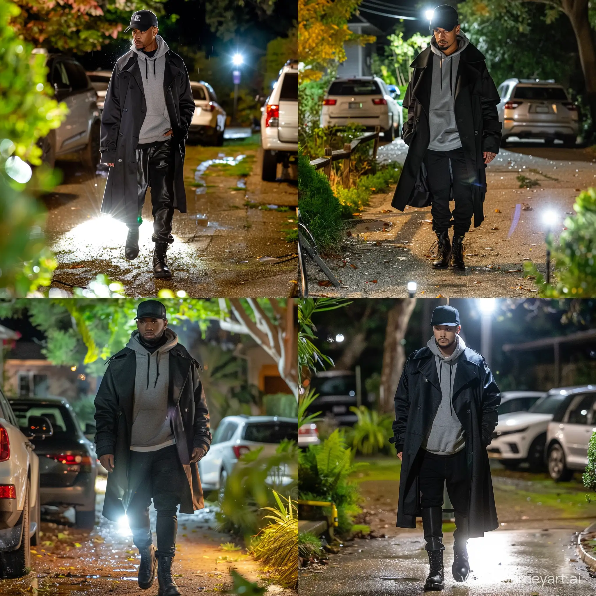 Urban-Night-Stroll-Stylish-Man-in-Trench-Coat-and-Hoodie-Captured-with-iPhone-15-Pro-Max