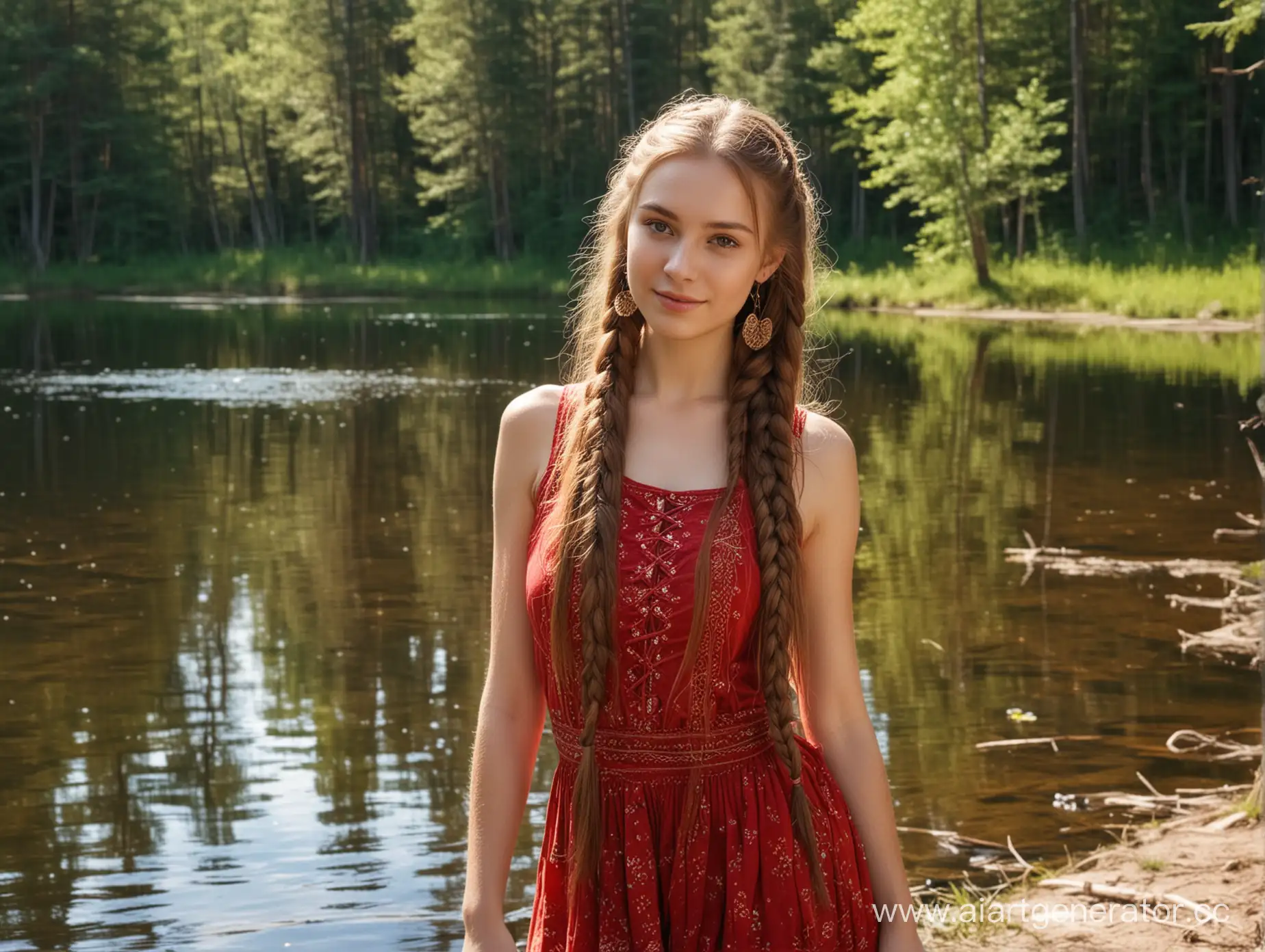 Молодая Русская красавица на берегу лесного озера, Красный сарафан, русые длинные косы, солнечный день