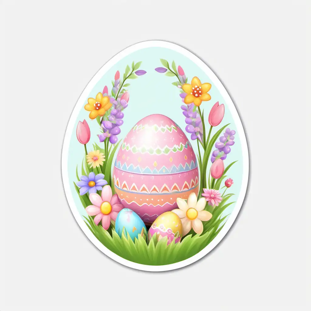 fairytale,whimsical,cartoon,easter egg,pastel, spring flowers, white background, sticker,