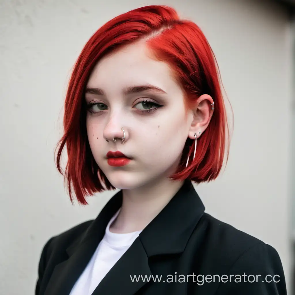 Девочка 15 лет с красным каре, зачесанным на бок, с пирсингом в носу, одетая в чёрный пиджак