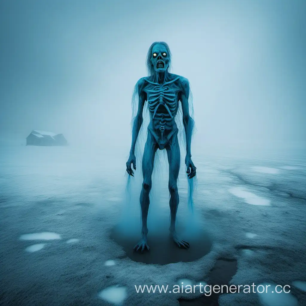 blue zombie in mist in an arctic landscape