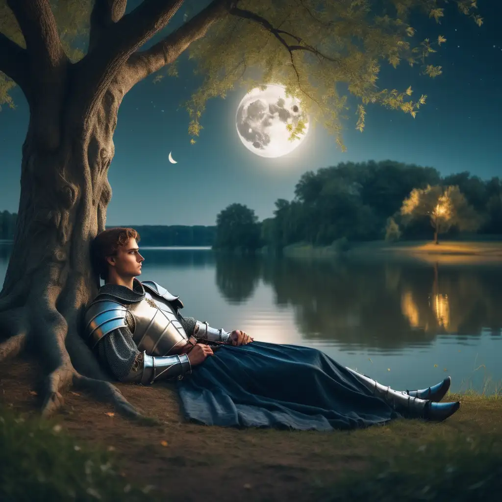 شاب مثير قوي البنية  يلبس ملابس فرسان قديمة يستلق تحت شجرة بجانب شاطئ البحيرة ينظر إلى القمر تنظر إليه فتاة جميلة جدا من خلف الأشجار