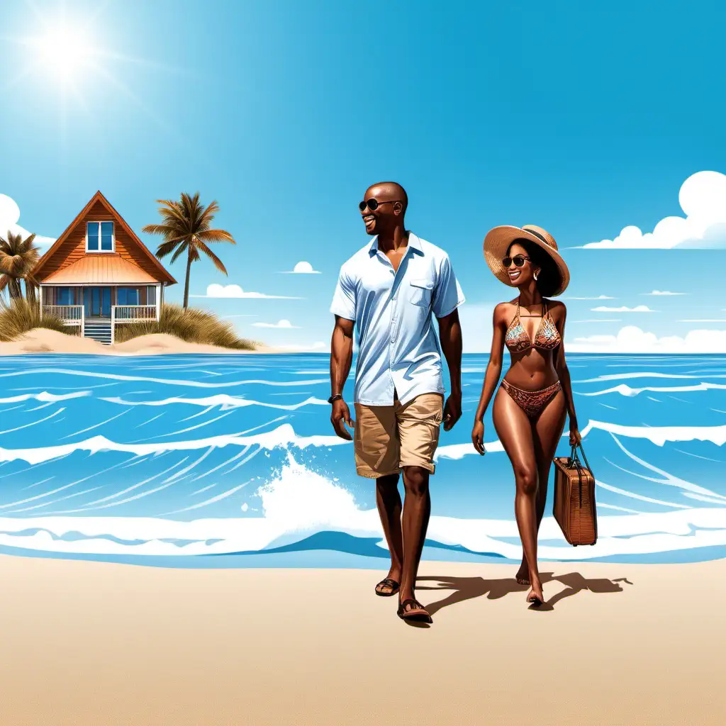  logo design for All Under 1 Roof Travel with blue skies and blue water and an African American lady and African American man walking on the beach