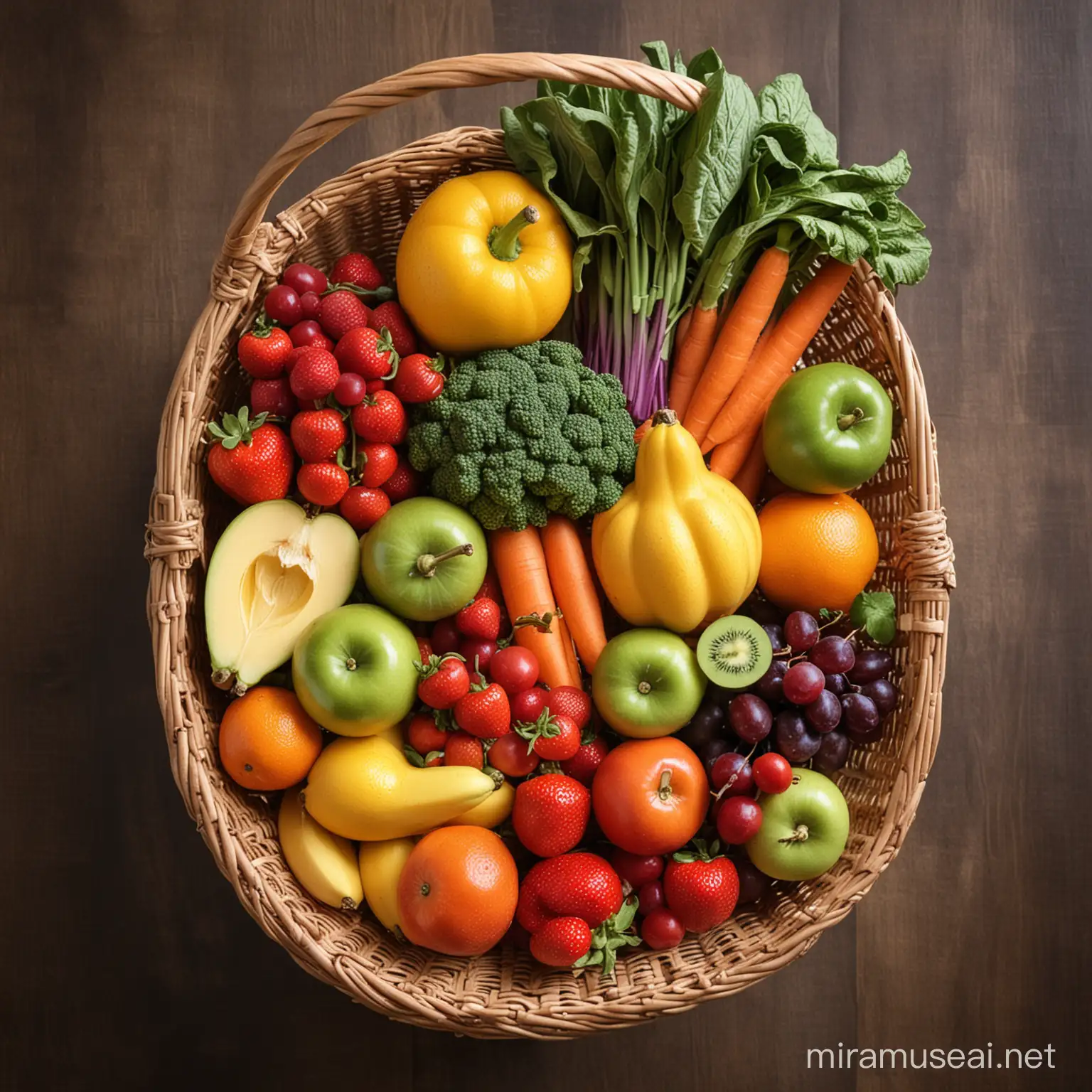Assorted Fresh Fruits and Vegetables in a Woven Basket