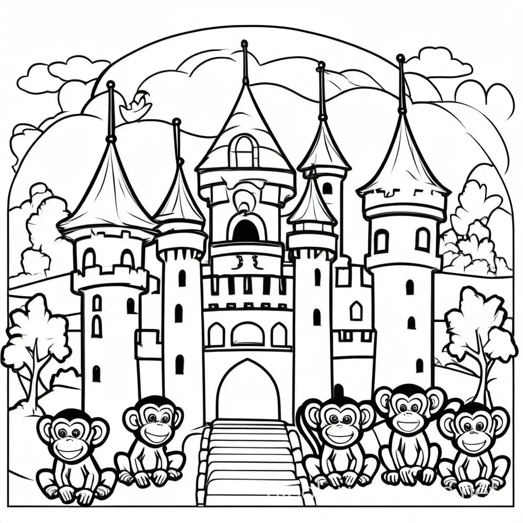 castle with monkeys, Coloring Page, black and white, line art, white background, Simplicity, Ample White Space. The background of the coloring page is plain white to make it easy for young children to color within the lines. The outlines of all the subjects are easy to distinguish, making it simple for kids to color without too much difficulty