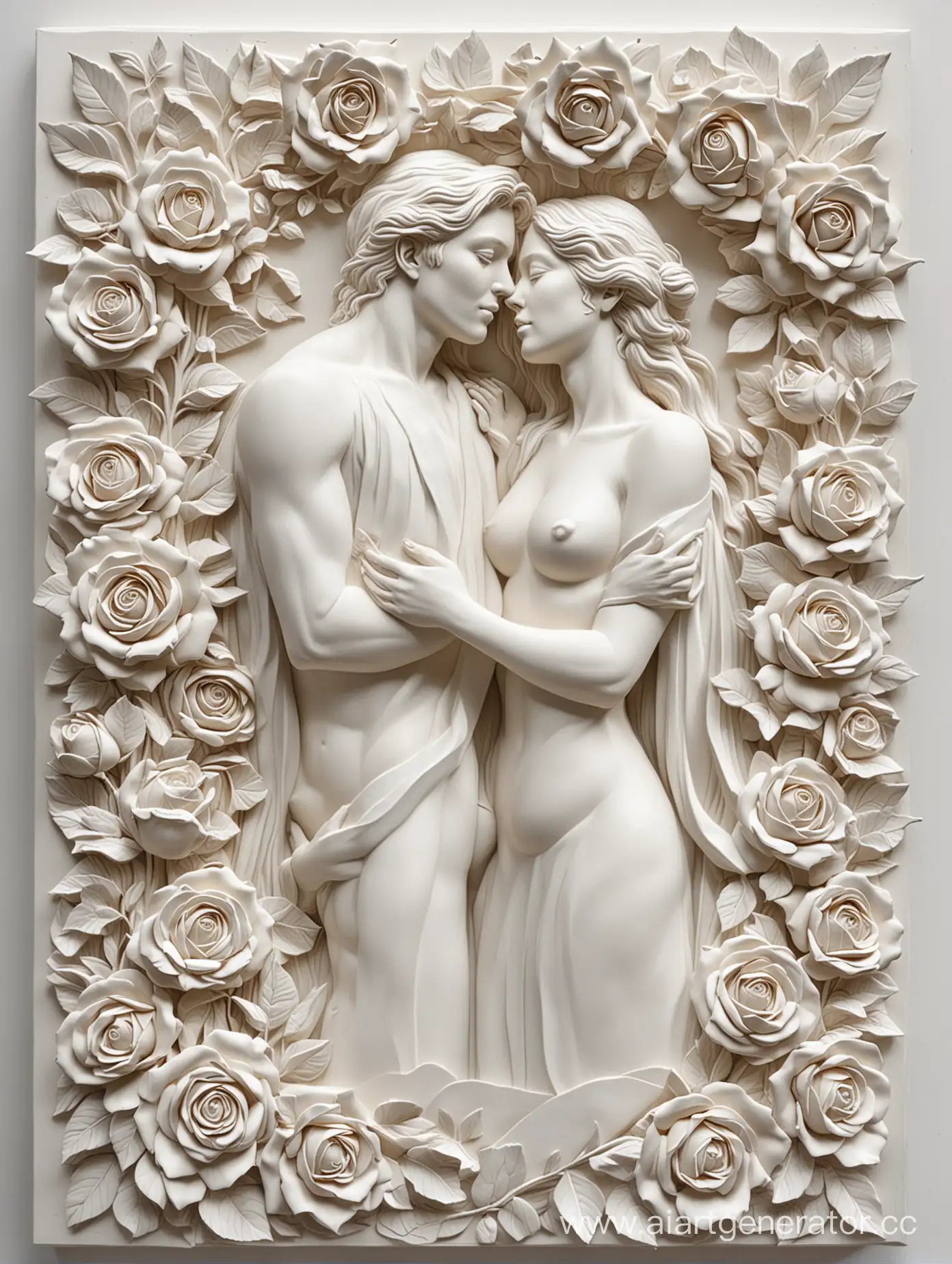 white basrelief sculpture  of woman and man in love and huge roses flowers