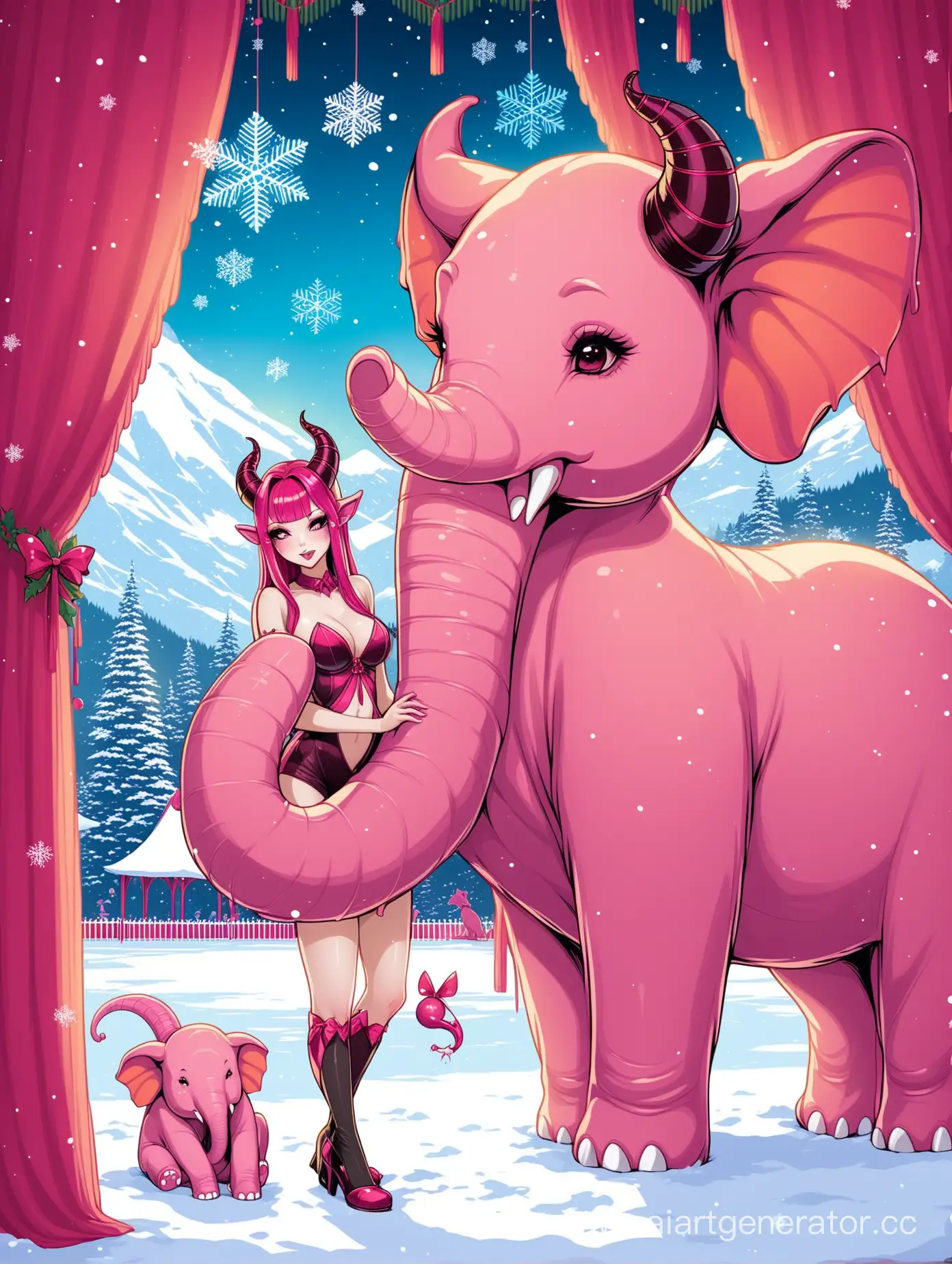Сексуальная демоница с рогами и хвостом в красивом месте, розовый слон, кузнечик, снежинки