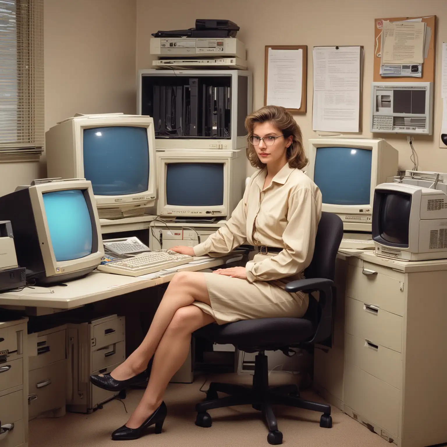 1990's programmer at her desk, CRT monitors, beige computer equipment and computer tower, old office chair