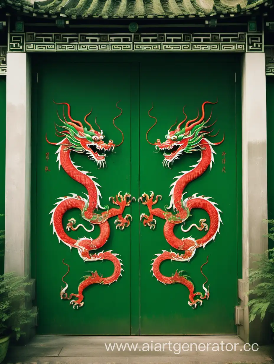Symmetrical-Chinese-Dragons-Adorning-a-Vibrant-Green-Door