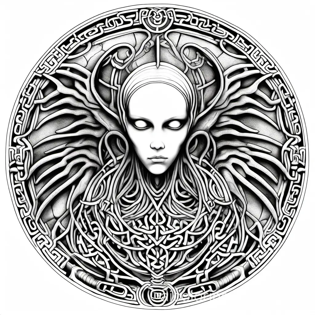 Giger fallen Angel man half demon woman laying in embrace toroid celtic mandala
, Coloring Page, black and white, line art, white background, Simplicity, Ample White Space. The background of the coloring page is plain white to make it easy for young children to color within the lines. The outlines of all the subjects are easy to distinguish, making it simple for kids to color without too much difficulty