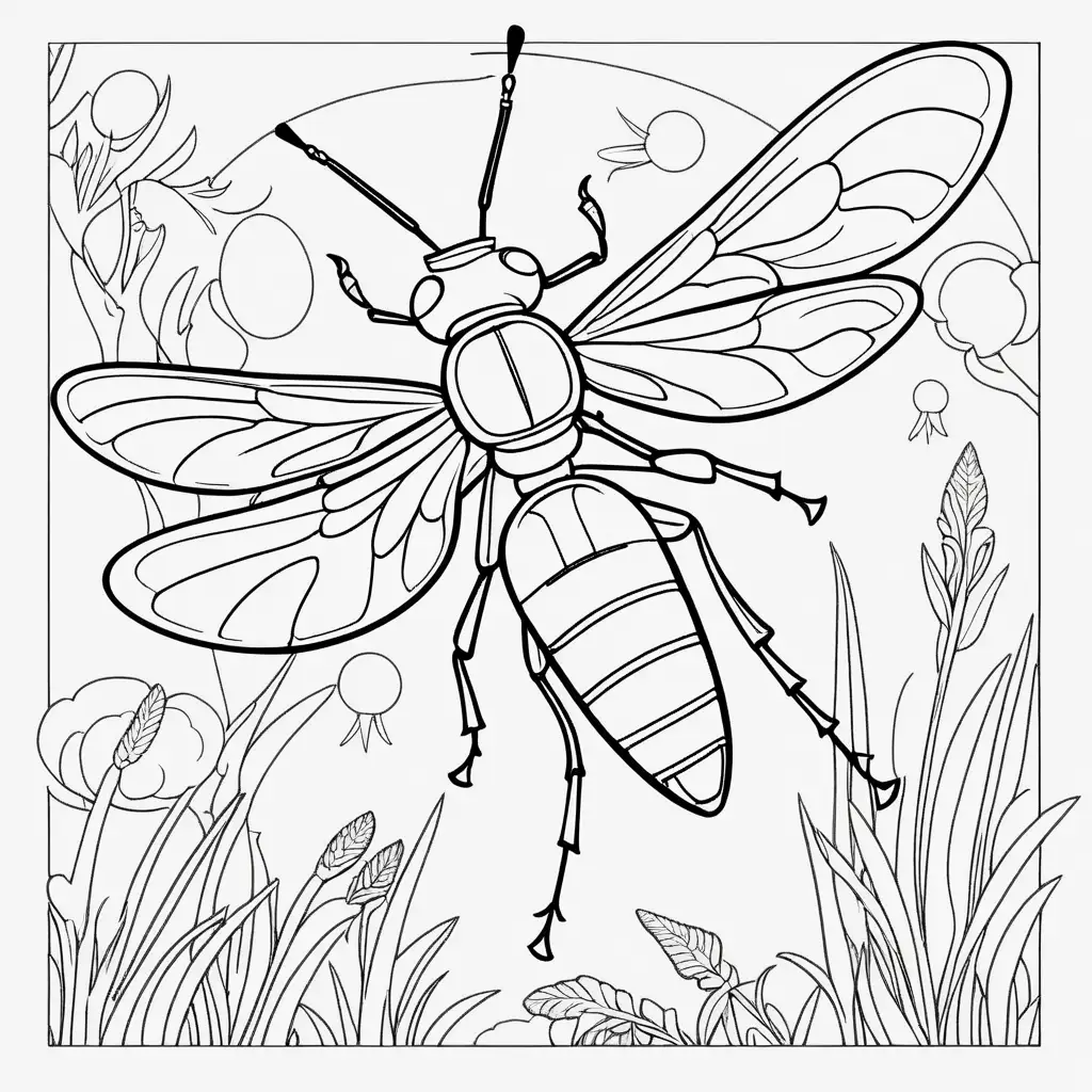 Imagine a coloring page for kids featuring a firefly, high definition, no shadow, cartoon style, low details, thick bold lines, no shading --ar9:11